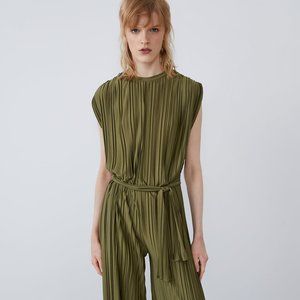 Zare Olive Green Pleated Jumpsuit